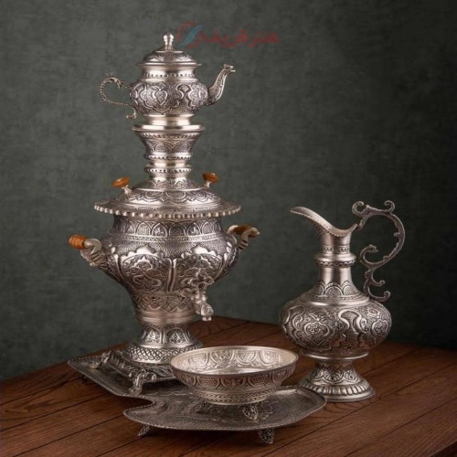 خرید آنلاین، سرویس سماور برنجی 3.5 لیتری،روکش نقره و پوشش کوره ای، قلمزنی ظریف و زیبا، زیر قیمت بازار | چترزندگی