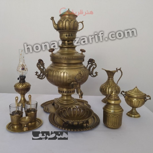 خرید آنلاین، سرویس شکیل سماور 6 لیتری زغالی برنجی عدسی آینه ریز با قلم زنی درجه یک، زیر قیمت بازار | چترزندگی