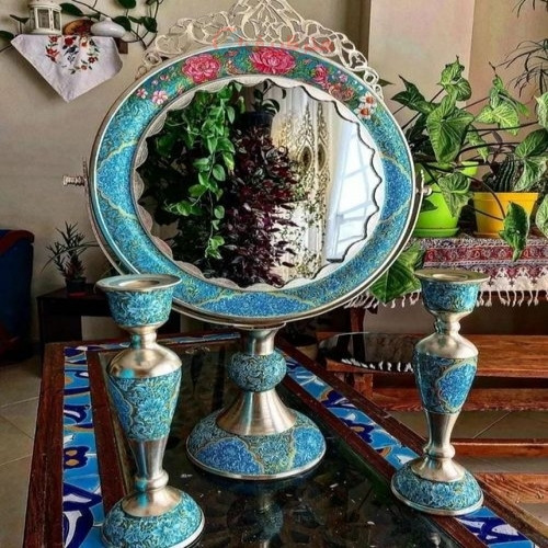 خرید آنلاین، ست آینه شمعدان فیروزه ای با روکش نقره از جنس مس، مدل گهواره ای تاجدار، زیر قیمت بازار | چترزندگی