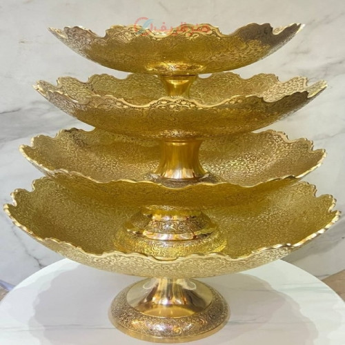 خرید آنلاین، سرویس شکیل آجیل و شیرینی خوری برنجی هندی، طلایی رنگ، قلم کاری ظریف دست، زیر قیمت بازار | چترزندگی