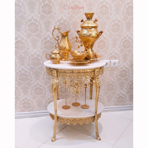 خرید آنلاین، میز بیضی جنس آلیاژ آلومنیوم با آبکاری برنز دارای 2طبقه، مدل تاج دار قطر 55 در 40، زیر قیمت بازار | چترزندگی