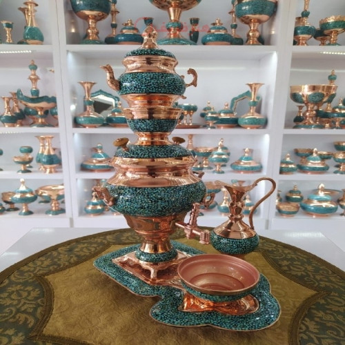 خرید آنلاین، ست شیک سماور مسی فیروزه کوبی شده با فیروزه اصل نیشابور و کیفیت درجه یک، زیر قیمت بازار | چترزندگی