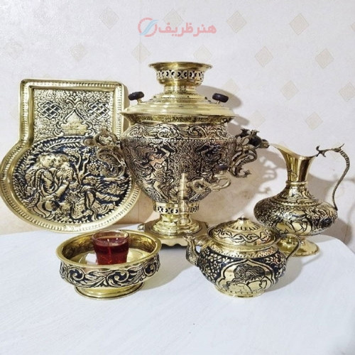 خرید آنلاین، سرویس سماور6 لیتری  زغالی برنجی سفارشی ساز، قلمزنی طرح مینیاتور پر کار، دسته تور، شیر بزرگ با کیفیت اعلاء، زیر قیمت بازار | چترزندگی