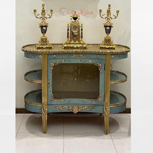 خرید، قیمت و مشخصات ویترین سه طبقه معرق کاری شده و رنگ طلایی و آبی آسمانی و بدنه چوب روس، دارای ضمانت، زیر قیمت بازار | چترزندگی