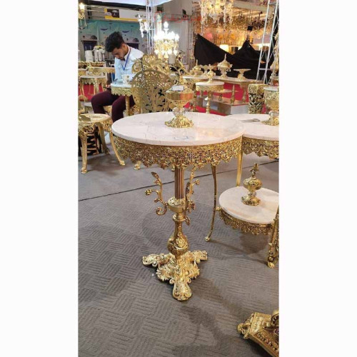 خرید آنلاین، میز خاطره کار شده قطر 50 صفحه سنگی، رنگ طلایی سه رخ شاخکی، جنس آلیاژ آلومنیوم آبکاری بدون تغییر رنگ، قیمت مناسب | چترزندگی