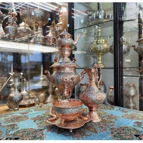 خرید آنلاین، سرویس سماور 5 لیتری برنجی با روکش کوره ای، قلمزنی اعلاء، بسیار زیبا با کاربرد دکوری، با قیمت مناسب | چترزندگی