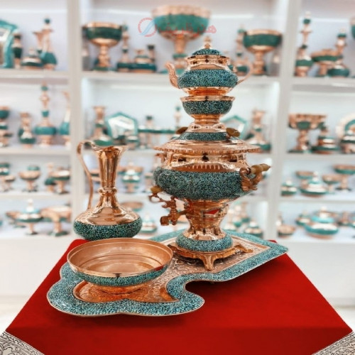 خرید آنلاین، ست زیبا و خاص سماور مسی و فیروزه اصل نیشابور، دست ساز، کیفیت عالی، زیر قیمت بازار | چترزندگی