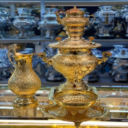 خرید آنلاین، ست سماور 6 لیتری برقی برنجی، قلم زنی اعلاء دست، آبکاری شده با طلا 24 عیار، زیر قیمت بازار | چترزندگی