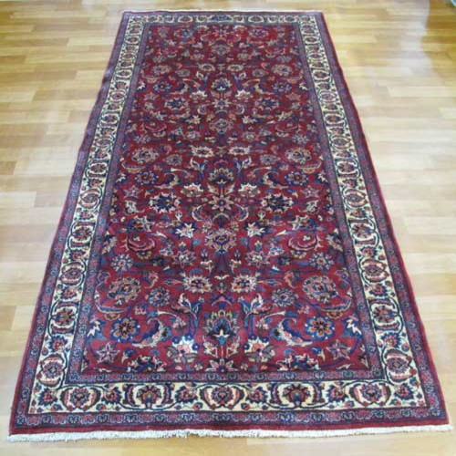 خرید آنلاین، فرش کناره دستباف مشهد کد 38814 با نقشه زیبا در طرح افشان، رنگ زمینه لاكي و حاشیه كرم، زیر قیمت بازار | چترزندگی