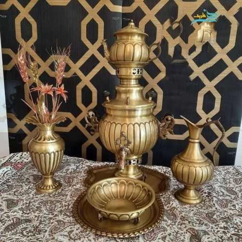 خرید آنلاین، سرویس پنج تکه سماور زغالی 5 لیتری عدسی دسته ماهی، طرح خطی زیبا، شیک و ساده، زیر قیمت بازار | چترزندگی