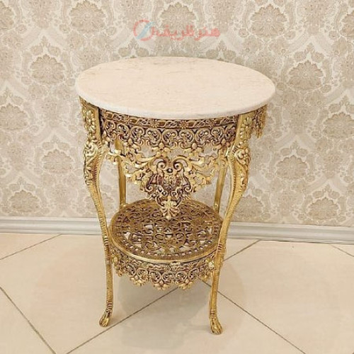 خرید آنلاین، میز خاطره گرد 2 طبقه با کفی مشبک ساخته شده با آلیاژ آلومنیوم اعلاء، آبکاری برنز رنگ ثابت، عرض 50، زیر قیمت بازار | چترزندگی