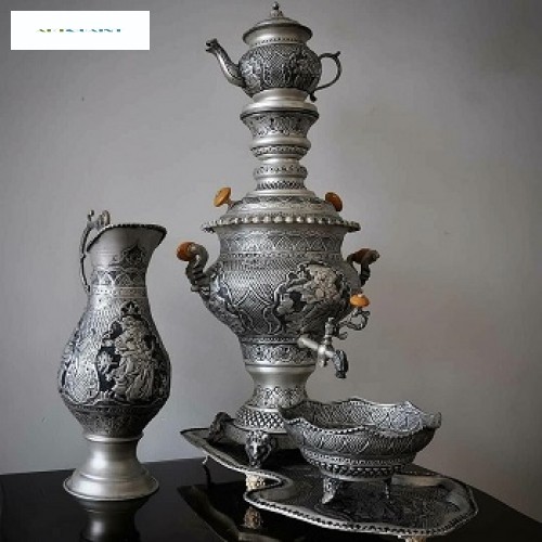 خرید آنلاین، سرویس سماور قلمزنی برنجی 5 لیتری اعلاء، با آبکاری پتینه نقره و دارای امضاء، با نقش و نگاری ظریف و خاص، زیر قیمت بازار | چترزندگی