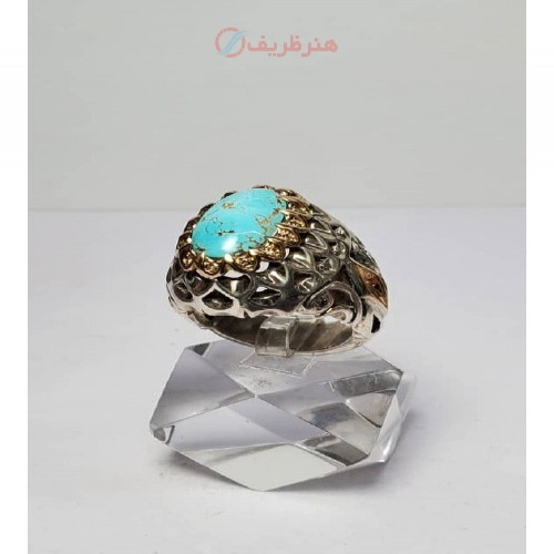 خرید آنلاین، انگشتر مردانه فیروزه نیشابوری مزین به 16 قطعه برلیان و دو پلاک طلا با رکاب طلا و نقره، تمام چنگ، قیمت مناسب | چترزندگی