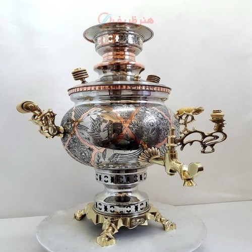 خرید آنلاین، سماور 6 لیتری زغالی برنجی کار شده در مدل توپی( مسی )، قلم زنی ظریف سنتی تبریز، زیر قیمت بازار | چترزندگی
