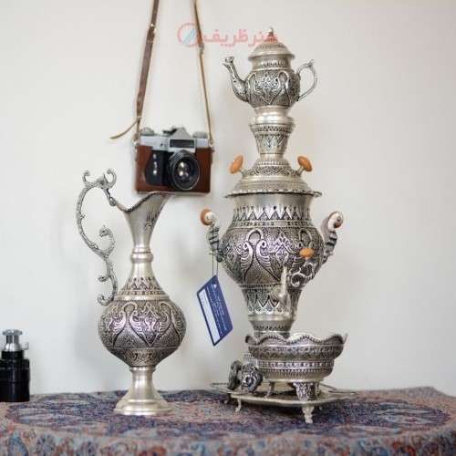 خرید آنلاین، سماور برنجی 3 لیتری تزئینی با روکش نقره قلمزنی درجه یک اسلیمی، شکیل و زیبا، با قیمتی مناسب | چترزندگی