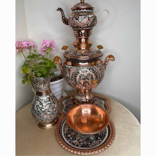 خرید آنلاین، سرویس کامل سماور ذغالی مسی، نقره کوبی شده با طراحی بسیار شکیل، زیر قیمت بازار | چترزندگی