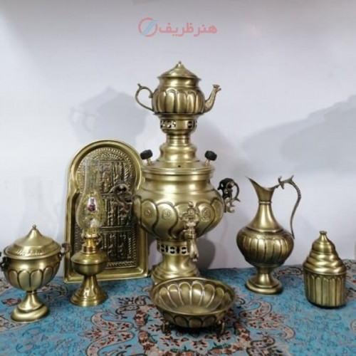 خرید، قیمت و مشخصات سرویس سماور زغالی برنجی ۸ پارچه ظرفیت 3/5 زیر قیمت بازار، کیفیت عالی _ هنرظریف