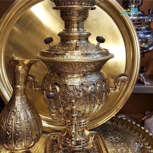 خرید آنلاین، سرویس سماور 7 لیتری زغالی برنجی خورشیدی رنگ طلایی قلم استادانه، پر نقش و نگار، زیر قیمت بازار | چترزندگی