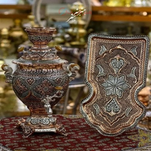 خرید آنلاین، سرویس 3.5 لیتری زغالی برنجی با آبکاری نقره و مس، قلم زنی سیاه پر کار با ظرافت خاص، با قیمت مناسب | چترزندگی