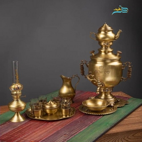 خرید آنلاین، سرویس سماور زغالی 6 لیتری برنجی همراه با چراغ سنتی و چایخوری شکیل، با کیفیت و ضخامت ورق برنجی، زیر قیمت بازار | چترزندگی