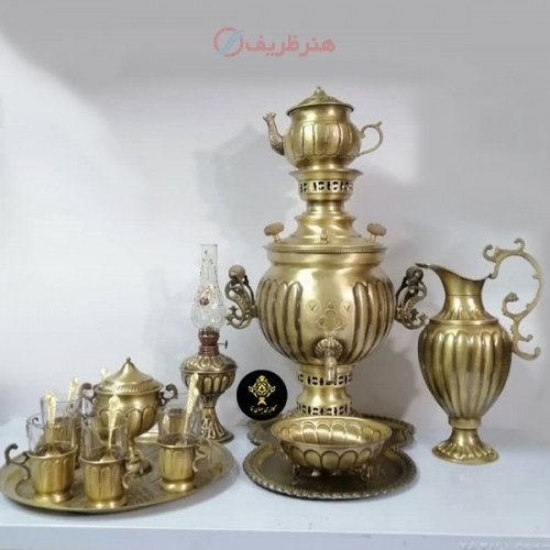 خرید آنلاین، سرویس کامل سماور ذغالی برنجی، مدل عدسی با دسته های شکیل، روکش نانو، قیمت مناسب | چترزندگی