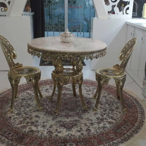 خرید آنلاین، ناهارخوری سلطنتی 2 نفره طلایی رنگ با قطر 90، جنس آلیاژ آلومنیوم آبکاری برنز با کارت گارانتی، زیر قیمت بازار | چترزندگی