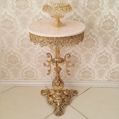 خرید آنلاین، میز تلفن آلیاژی آلومنیوم با آبکاری برنز، بسیار شکیل در طرح سه رخ شاخکی، قطر 40، قیمت مناسب | چترزندگی