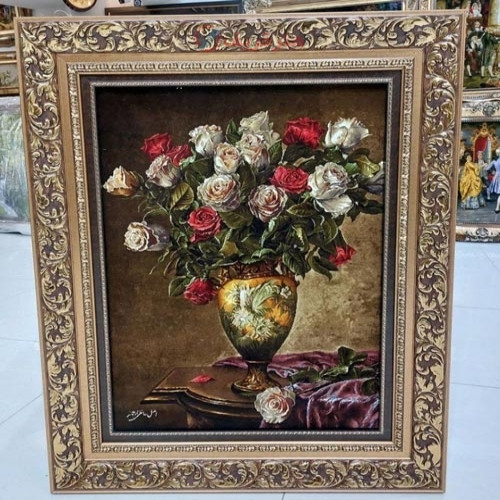 خرید آنلاین، تابلو فرش طرح گل طولی، بافت شده با هنر دست در تبریز، مارکدار، رج 50، چله ابریشم، زیر قیمت بازار | چترزندگی