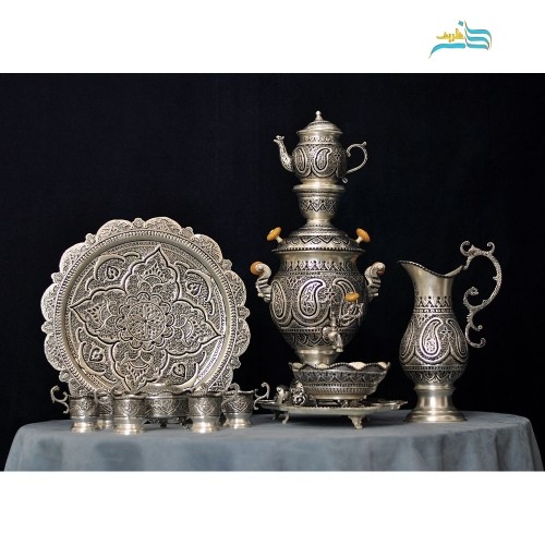 خرید آنلاین، سرویس سماور و چای خوری 4 لیتری قلمزنی اعلاء، جنس نقره با روکش کوره ای، ماندگاری رنگ، زیر قیمت بازار