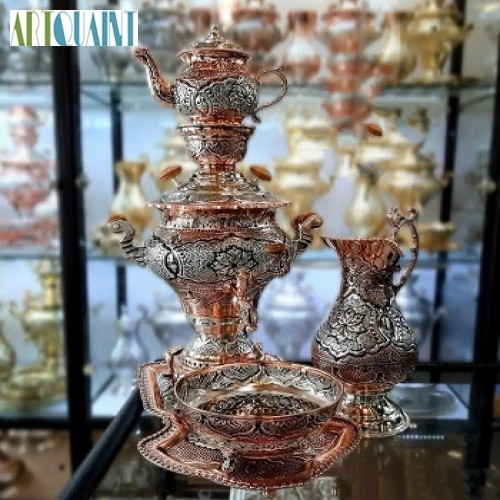 خرید آنلاین، سرویس کامل سماور ریز قلم‌ 5 لیتری، جنس برنج با تلفیق روکش نقره، با کیفتی بالا، زیبا و خاص، با قیمتی بسیار مناسب | چترزندگی