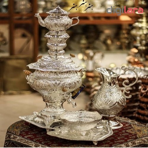 خرید آنلاین، سرویس کامل سماور تزئینی قلمزنی 5 لیتری آبکاری نقره، زیبا و چشم نواز، زیر قیمت بازار | چترزندگی