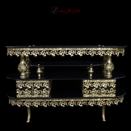 خرید، قیمت و مشخصات میز تلفن بیضی کوچک طرح غنچه شیشه جنس آلومینیوم و رنگ طلایی _ هنرظریف