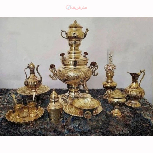 خرید آنلاین، سرویس شکیل سماور 6 لیتری ذغالی برنجی 6 لیتری، قلم زنی دست، پر نقش، زیر قیمت بازار | چترزندگی