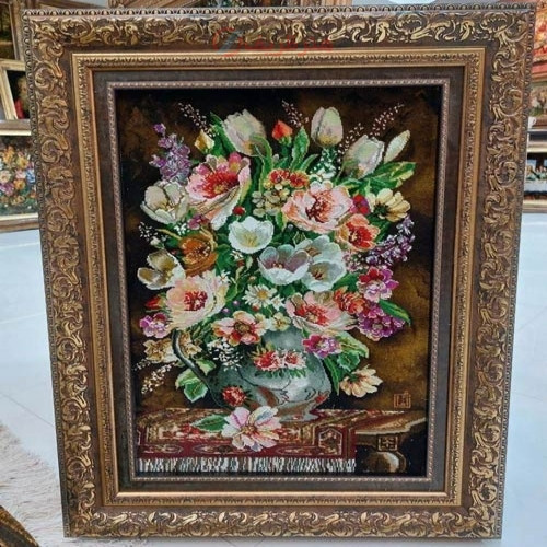 خرید آنلاین، تابلو فرش زیبا کار دست تبریز با طرح گل طولی، چله ابریشم، زیر قیمت بازار | چترزندگی