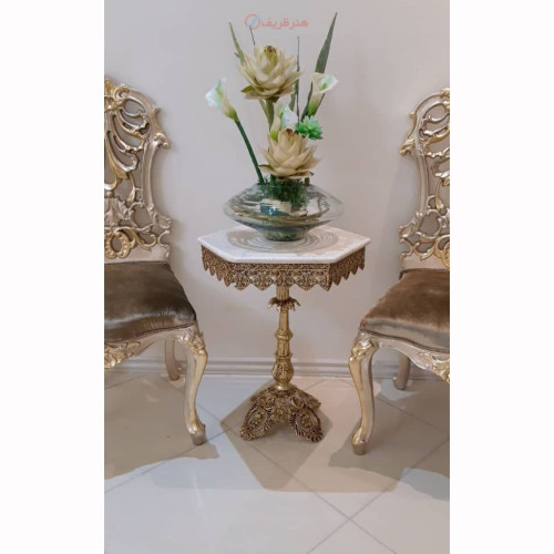 خرید آنلاین، میز آلیاژ آلومنیوم با آبکاری برنز در طرح 6 ضلعی پایه برگی و صفحه سنگی، زیر قیمت بازار | چترزندگی