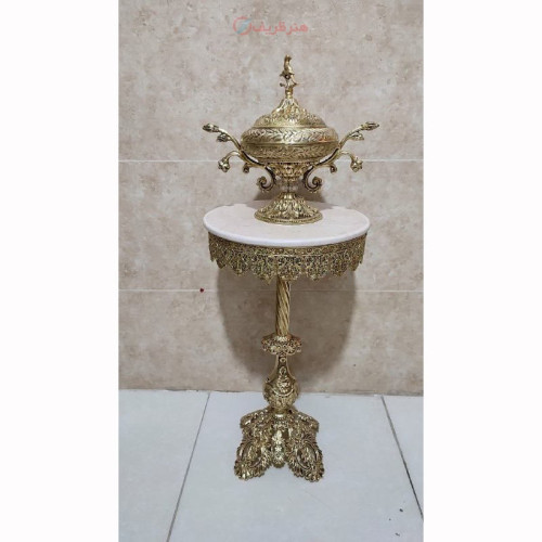 خرید آنلاین، میز تلفن آلیاژ آلومینیوم با آبکاری برنج، طرح شیک ستون پیچی با پایه برگی، قیمت عالی | چترزندگی