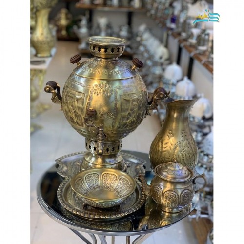 خرید آنلاین، سرویس سماور گازی برنجی 6 لیتری دسته شاخ ورق ضخیم اعلاء، با ماندگاری بالای رنگ، زیر قیمت بازار | چترزندگی