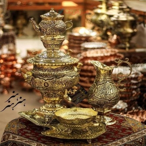 خرید آنلاین، سرویس سماور 5 لیتری برنجی قلمزنی با آبکاری شبه طلا و روکش کوره ای، قلمزنی زیبا و خاص، با قیمت مناسب | چترزندگی