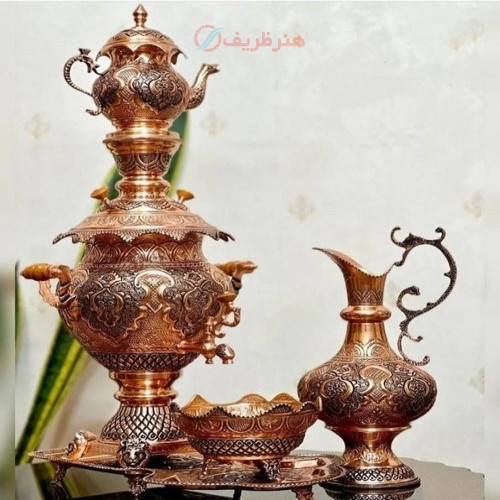 خرید آنلاین، سرویس سماور 4.5 لیتری برقی و زغالی مسی با قلم زنی فوق العاده سیاه قلم، زیر قیمت بازار | چترزندگی