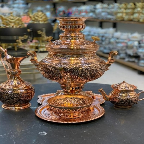 خرید آنلاین، سرویس فوق شکیل 5 تکه سماور برقی برنجی، آبکاری شده مس و طلا، سیاه قلم، زیر قیمت بازار | چترزندگی