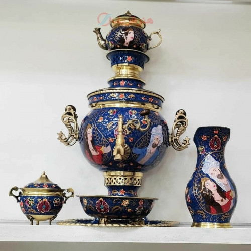 خرید آنلاین، سرویس فوق العاده زیبای سماور برنجی همراه با میناکاری نقاشی دست، رنگی بسیار خاص، زیر قیمت بازار | چترزندگی