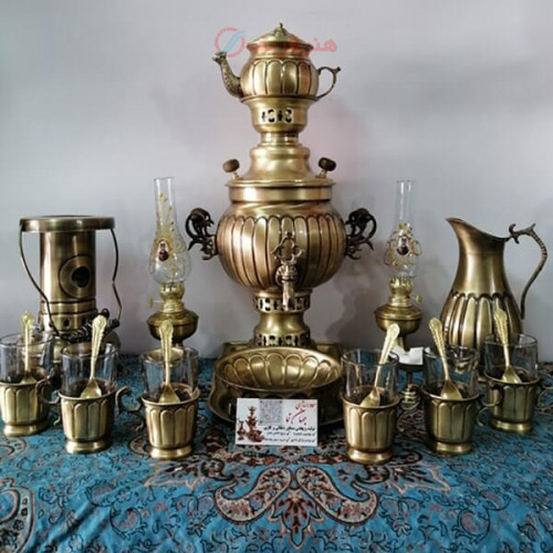 خرید، قیمت و مشخصات سرویس سماور زغالی برنجی آتشی ۲۰ پارچه ظرفیت 3 لیتر زیر قیمت بازار، کیفیت عالی _ هنرظریف