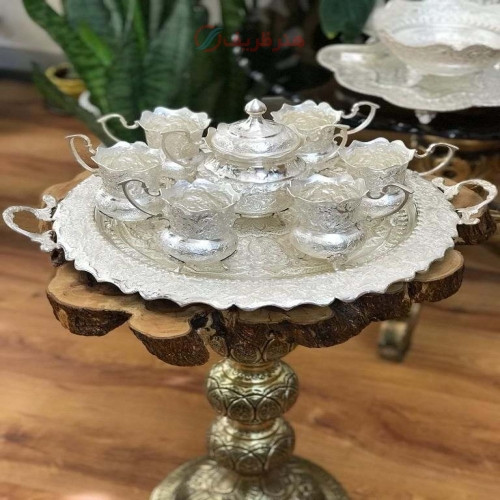 خرید آنلاین، سرویس چایخوری برنجی، با روکش نقره بسیار زیبا همراه قندان، زیر قیمت بازار | چترزندگی