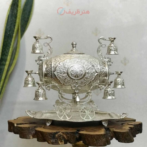 خرید آنلاین، بشکه شربت خوری با آبکاری نقره، ورق صخیم 1.25 میل برنجی، لوکس با قلم زنی گل و مرغ کاملا آب بندی شده، زیر قیمت بازار | چترزندگی