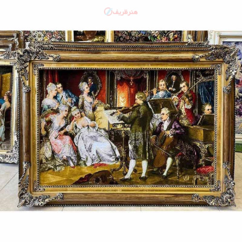 خرید تابلو فرش دستبافت، تابلو فرش دستبافت کلاس موسیقی چله ابریشم پر از ابریشم 50 رج، زیر قیمت بازار _ هنرظریف