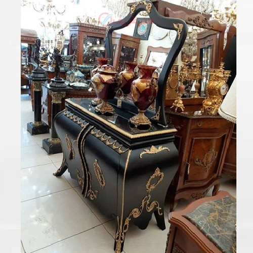 خرید آنلاین، آینه کنسول از جنس چوب درجه یک راش، معرق کاری طلایی رنگ با بدنه رنگ مشکی مات، با کیفیت و رنگ عالی، زیر قیمت بازار | چترزندگی