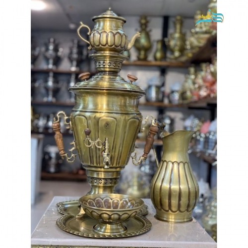 خرید آنلاین، سرویس 5 تکه سماور گازی برنجی 6 لیتری با طرح خطی همراه با ورق ضخیم و با کیفیت اعلاء، با قیمت مناسب | چترزندگی