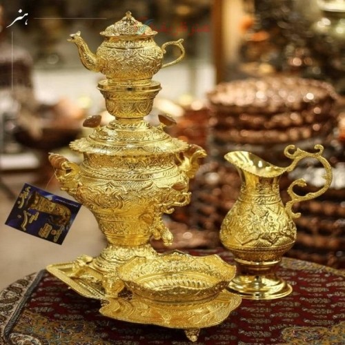 خرید آنلاین، سرویس سماور 3 لیتری برنجی قلمزنی، آبکاری شبه طلا و رنگ ثابت کوره ای، پر نقش و نگار، زیر قیمت بازار | چترزندگی