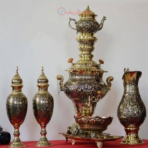 خرید آنلاین، سرویس کامل سماور 5 لیتری قلمزنی برنجی، طرح گل و مرغ با قلم استاد هرندی، کیفیت اعلاء، زیر قیمت بازار | چترزندگی