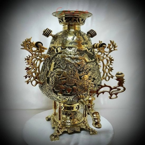 خرید آنلاین، سماور پر نقش و زیبای 6 لیتری برنجی زغالی، مدل جام با قلم زنی نیم برجسته نقش بزم و شکار، کله شیر خروسی، با قیمت مناسب | چترزندگی